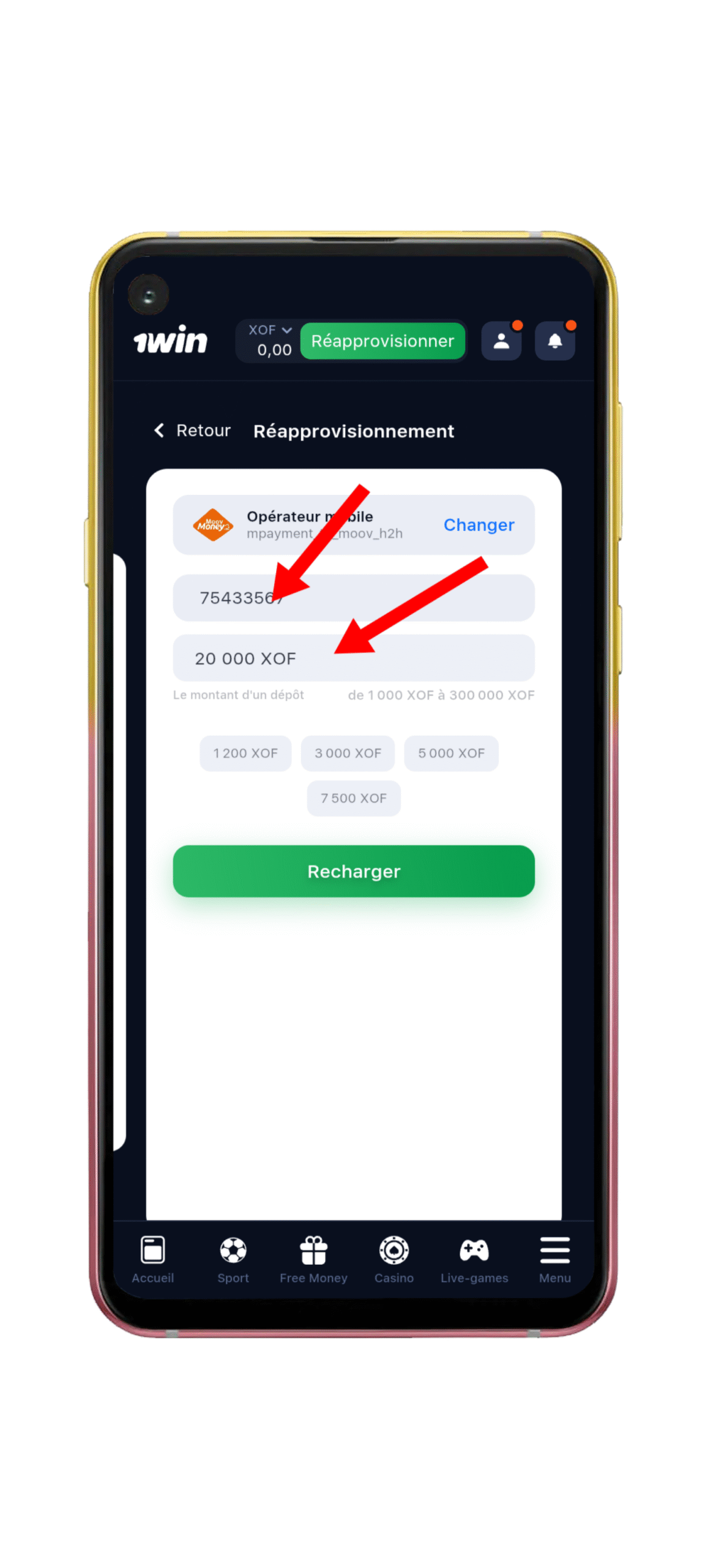 Indiquer le montant et votre numéro Moov