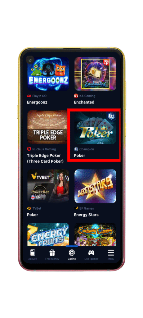 Accéder à la section poker