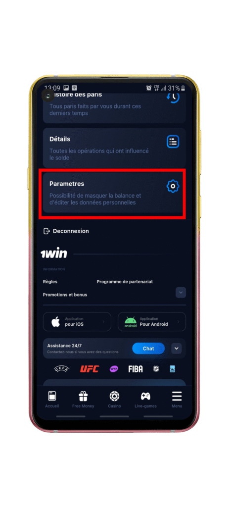 Accès aux paramètres compte 1win