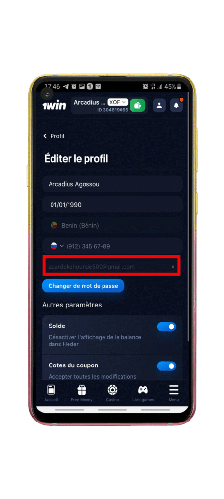 Ajout ou modification de l’email